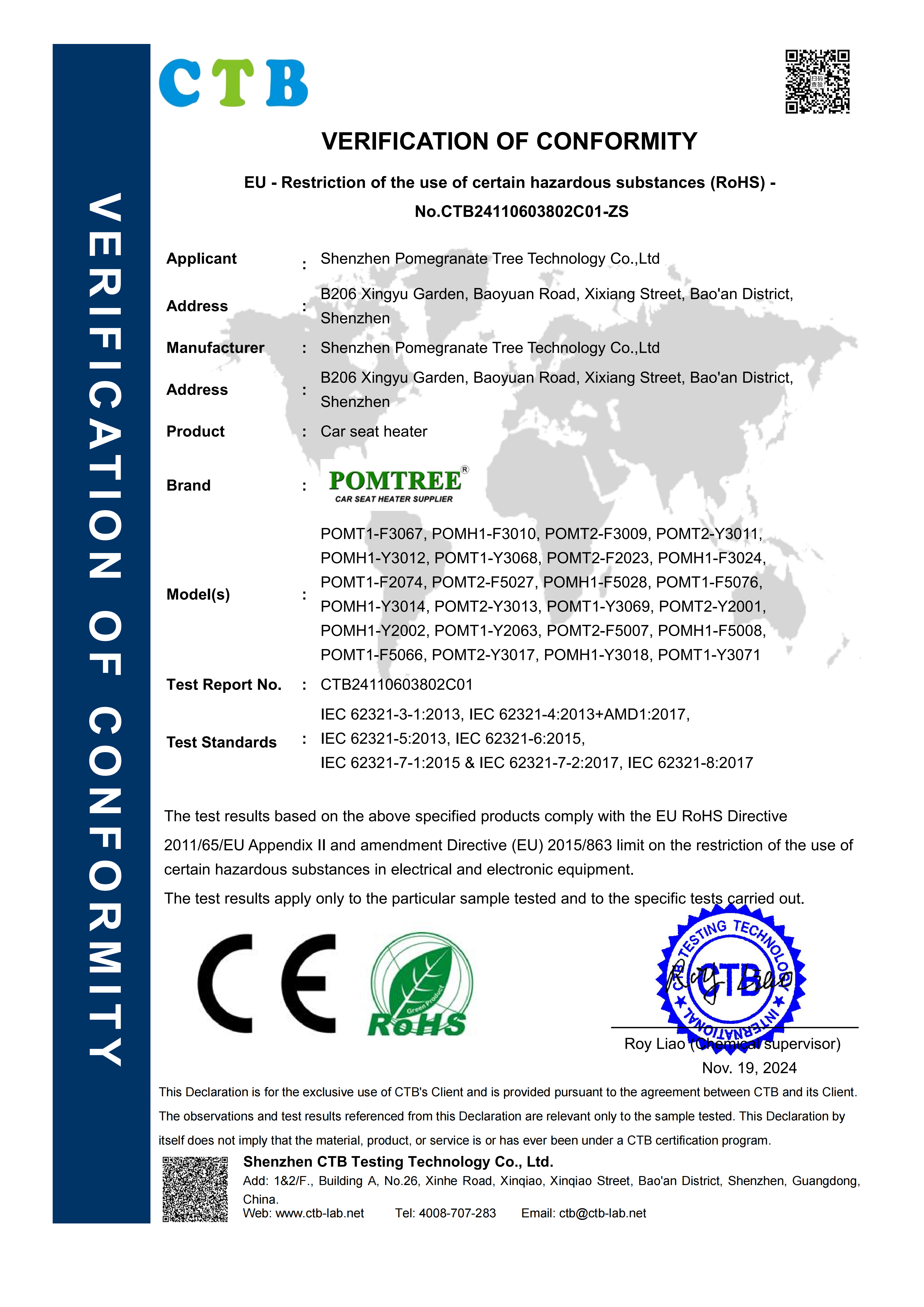 Automotive Seat Heater CE & RoHS Certificate